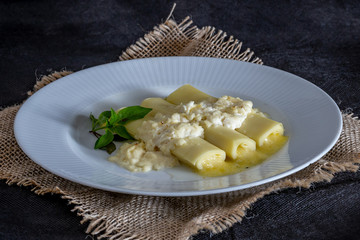 Italian caneloni with bechamel sauce and cheese on rustic background.
