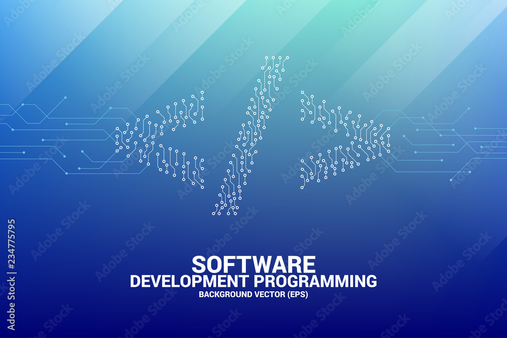 Fototapete Vector dot connect line circuit board style software development programming tag icon. Concept for Programming language technology and coding.