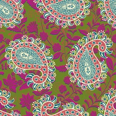 Fototapeten Vektornahtloses orientalisches Muster. Paisley und Blumen. Farbenfrohes Design für Textilien, Stoffe, Einladungen, Web, Cover, Geschenkpapier © sunny_lion
