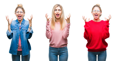 Fototapeta premium Collage of young beautiful blonde woman over isolated background crazy and mad shouting and yelling with aggressive expression and arms raised. Frustration concept.