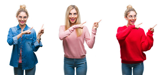 Collage of young beautiful blonde woman over isolated background smiling and looking at the camera pointing with two hands and fingers to the side.