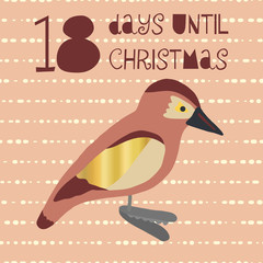 18 Days until Christmas vector illustration. Christmas countdown eighteen days til Santa. Vintage Scandinavian style. Hand drawn bird decor. Holiday set for poster, blog, banner, website, post, cards