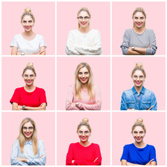 Collage of young beautiful blonde woman over pink isolated background happy face smiling with crossed arms looking at the camera. Positive person.