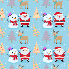 Santa and snowman with reindeer in winter seamless pattern.