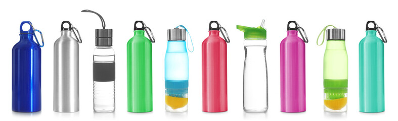 Set with different sport bottles on white background