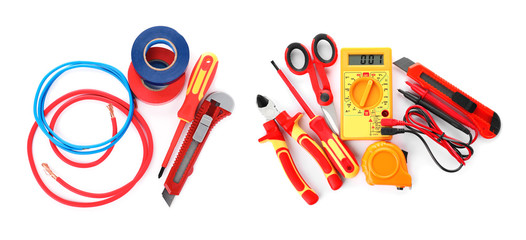 Electrician's professional tool set on white background, top view
