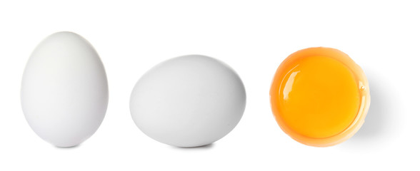 Set with fresh eggs on white background