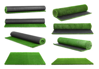 Set with artificial grass carpets on white background