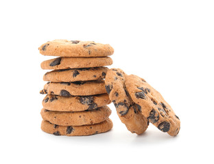 Stack of tasty chocolate chip cookies on white background