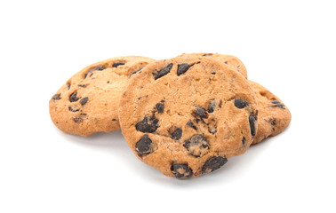 Tasty chocolate chip cookies on white background