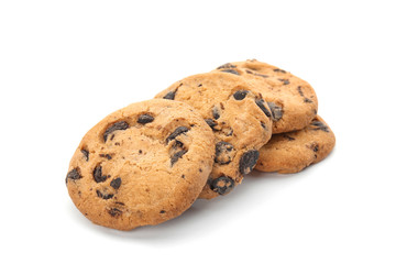 Pile of tasty chocolate chip cookies on white background
