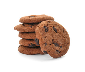 Stack of tasty chocolate chip cookies on white background
