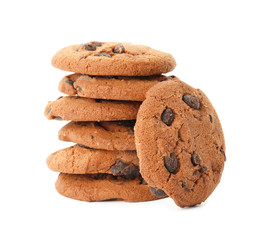 Stack of tasty chocolate chip cookies on white background
