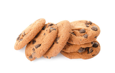 Pile of tasty chocolate chip cookies on white background