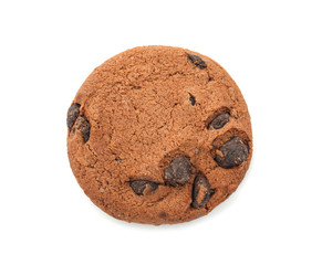 Tasty chocolate chip cookie on white background, top view
