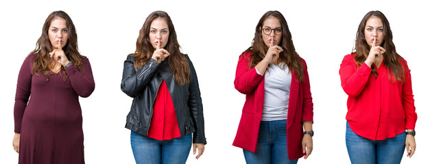 Collage of beautiful plus size business woman over isolated background asking to be quiet with finger on lips. Silence and secret concept.