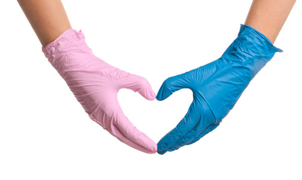 Doctor Making Heart With Hands In Different Medical Gloves On White Background