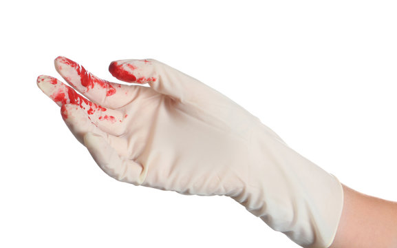 Doctor in medical glove with blood on white background