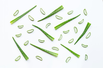 sliced and leaves of fresh aloe vera on white background.