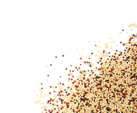 Mixed quinoa seeds and space for text on white background, top view