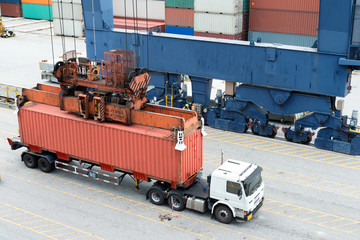 Industrial crane loading Containers in a Cargo freight ship. Container ship in import and export...