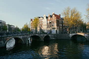 Netherlands traditional houses and Amsterdam canal in Amsterdam ,Netherlands. Vintage tone.