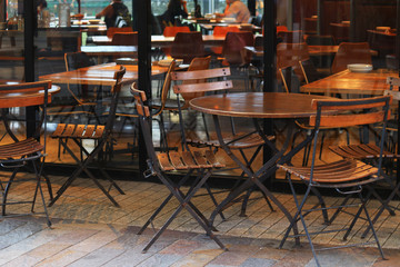 Fototapeta na wymiar The terrace of the cafe coordinated with wooden table