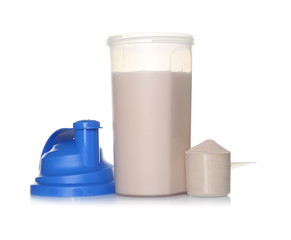 Protein shake in sport bottle and scoop with powder isolated on white