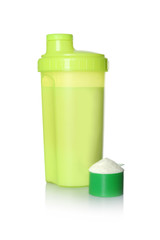 Protein shake in sport bottle and scoop with powder isolated on white