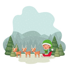elf with sleigh and christmas trees with falling snow