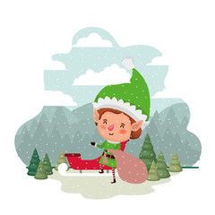 elf with sleigh and christmas trees with falling snow