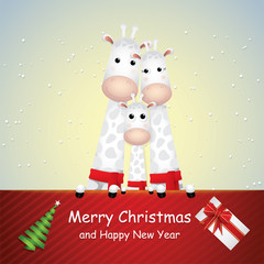 Cute cartoon,Giraffes family and gift card in snow for winter season.