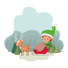 elf with sleigh and christmas trees with falling snow