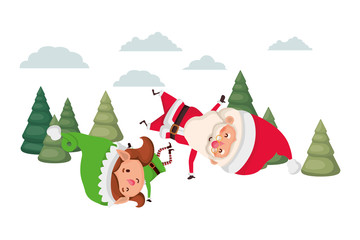 santa claus with elf woman moving with christmas trees