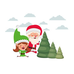 santa claus with elf woman moving with christmas trees