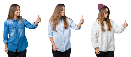 Collage of beautiful young woman over isolated background Looking proud, smiling doing thumbs up gesture to the side