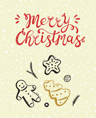 Merry Christmas greeting card. Happy Holidays. Vector winter holiday background with hand lettering calligraphic and Christmas cookies. Gingerbread.