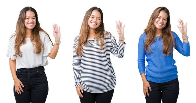 Collage of beautiful young woman over isolated background Waiving saying hello happy and smiling, friendly welcome gesture