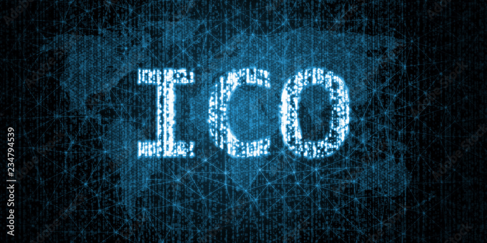 Poster initial coin offering (ico) text written in binary format on abstract wired network connection over 