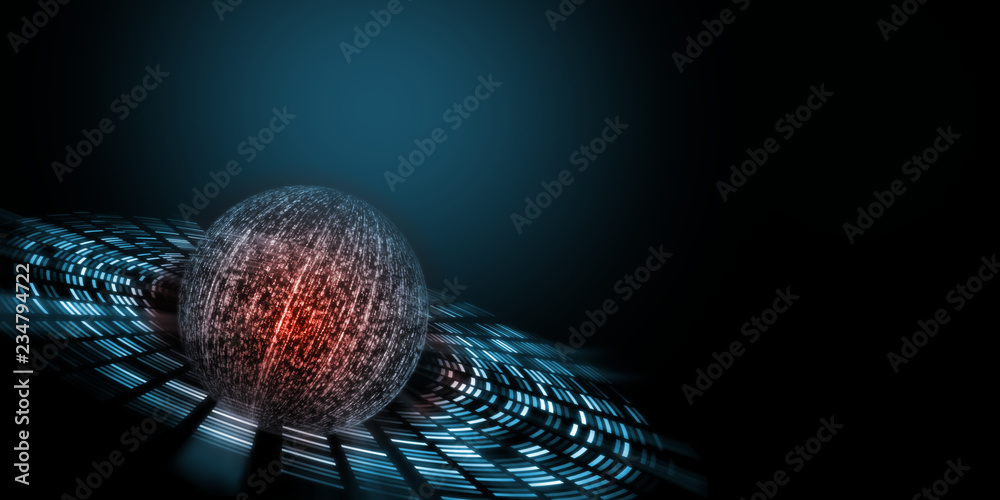 Poster binary technology concept. sphere created from digital number with glowing red color at center surro