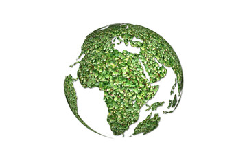3D illustration of green world concept. Globe created from green leaves with soft shadow on solid white color background. For earth saving, nature conserving, peaceful, animal cares concept.