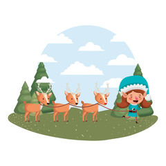 elf woman with reindeer and christmas trees with falling snow