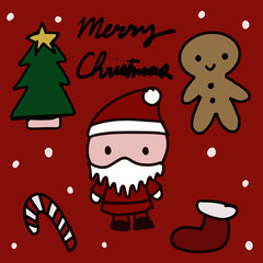 Santa claus with pine tree and sock and candy and gingerbread with red background and white point symbol of snow. The Christmas concept festival of celebration.