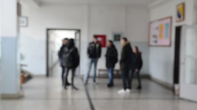 High School Students Talking In A School Passage. Pupils Walking Down School Corridor. Group Of Students Go To Classes After Break. Inside School.