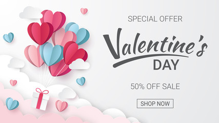 Valentines day sale background with Heart Balloons and clouds. Paper cut style. Can be used for Wallpaper, flyers, invitation, posters, brochure, banners. Vector illustration.