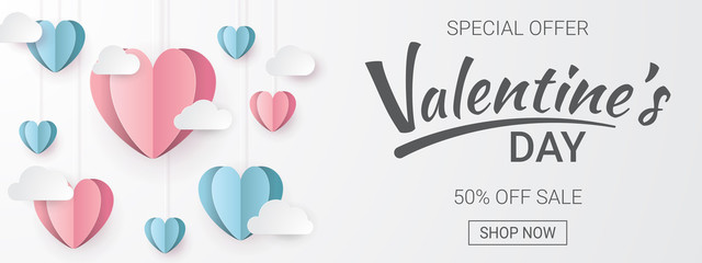Valentines day sale background with Heart shape and clouds. Paper cut style. Can be used for Wallpaper, flyers, invitation, posters, brochure, banners. Vector illustration.