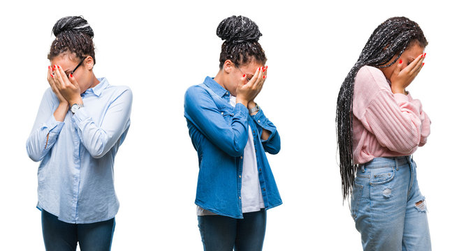Collage of beautiful braided hair african american woman over isolated background with sad expression covering face with hands while crying. Depression concept.