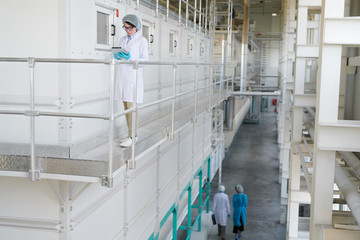 Wide angle portrait of young woman standing at balcony in production workshop of clean modern factory, copy space