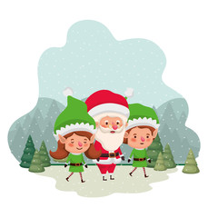 elf couple with santa claus and christmas trees with falling snow avatar character
