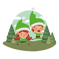couple of elves moving and christmas trees with falling snow